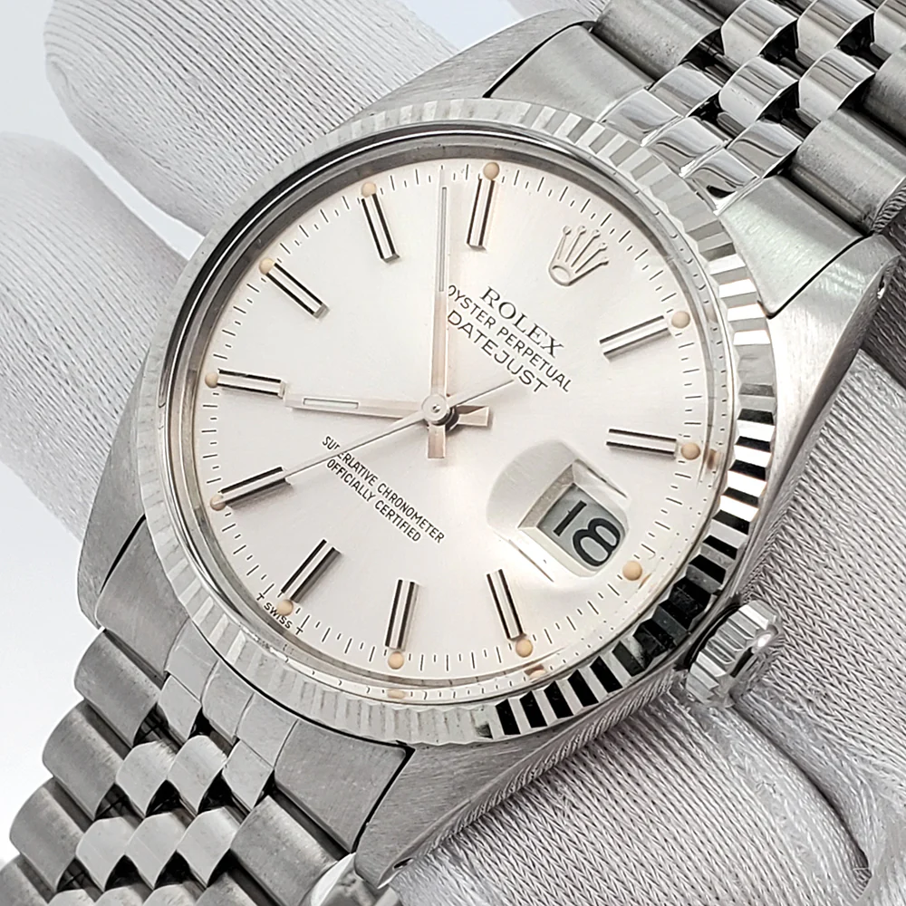Rolex Datejust 36mm White Gold Fluted Bezel Steel Jubilee Watch 16014 Service Papers - Image 2