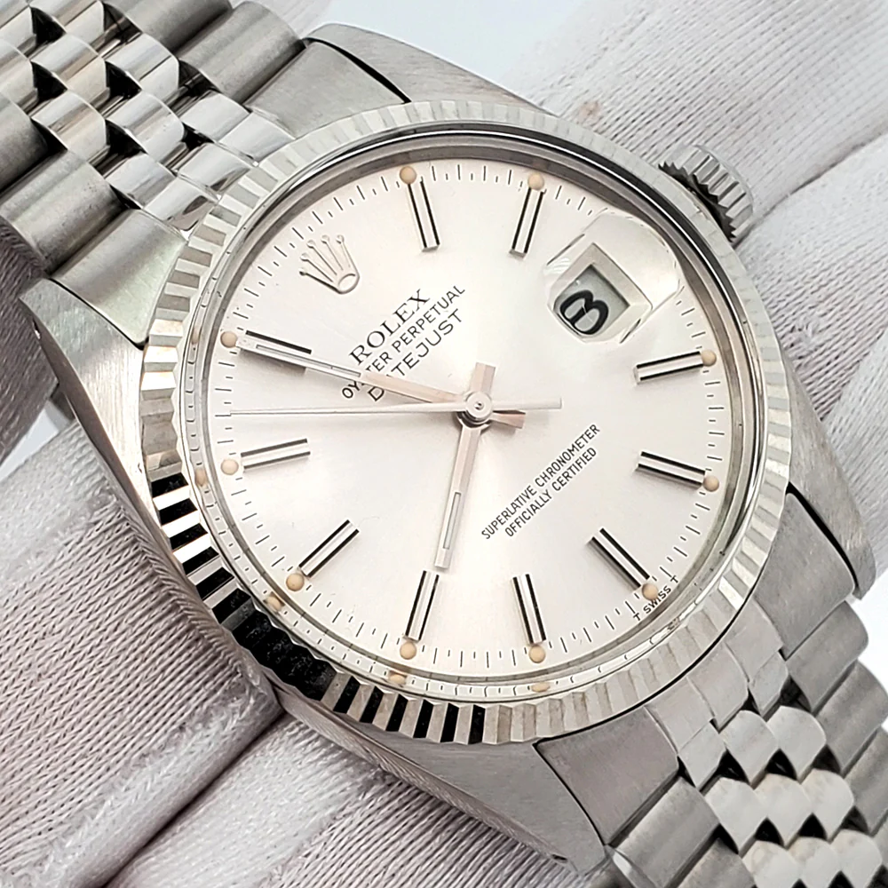 Rolex Datejust 36mm White Gold Fluted Bezel Steel Jubilee Watch 16014 Service Papers - Image 3
