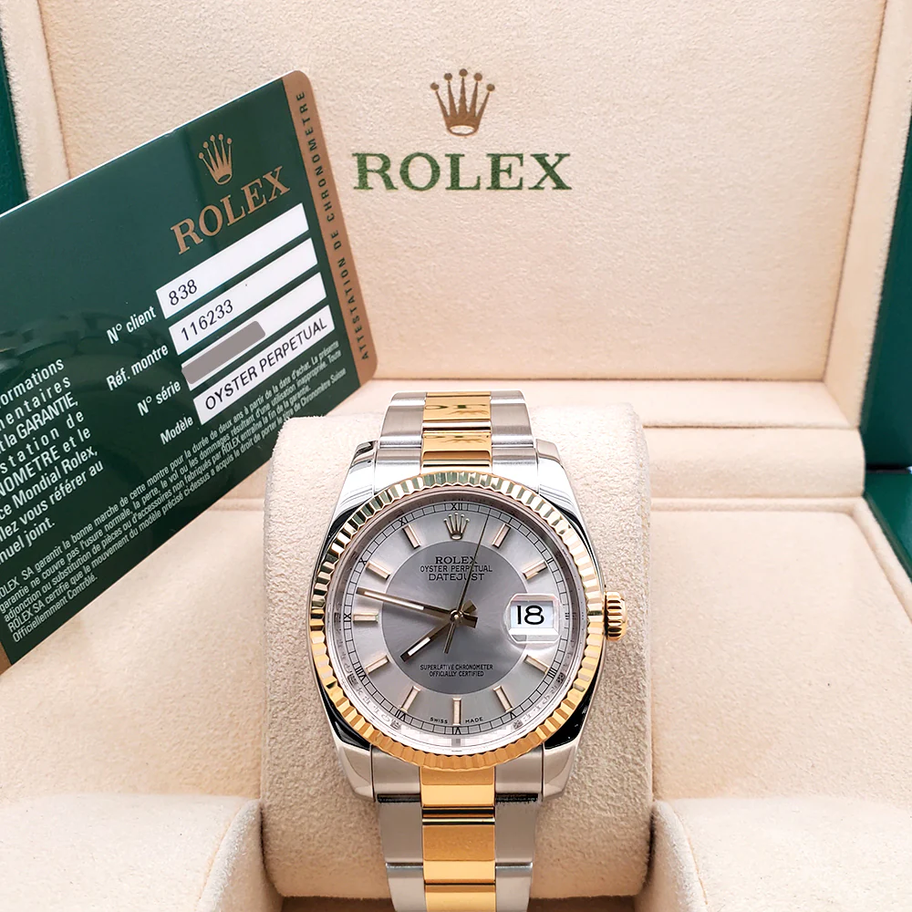 Rolex Datejust 36mm Silver Tuxedo 2-tone Yellow Gold/Steel 116233 Oyster Watch Box Papers - Image 4