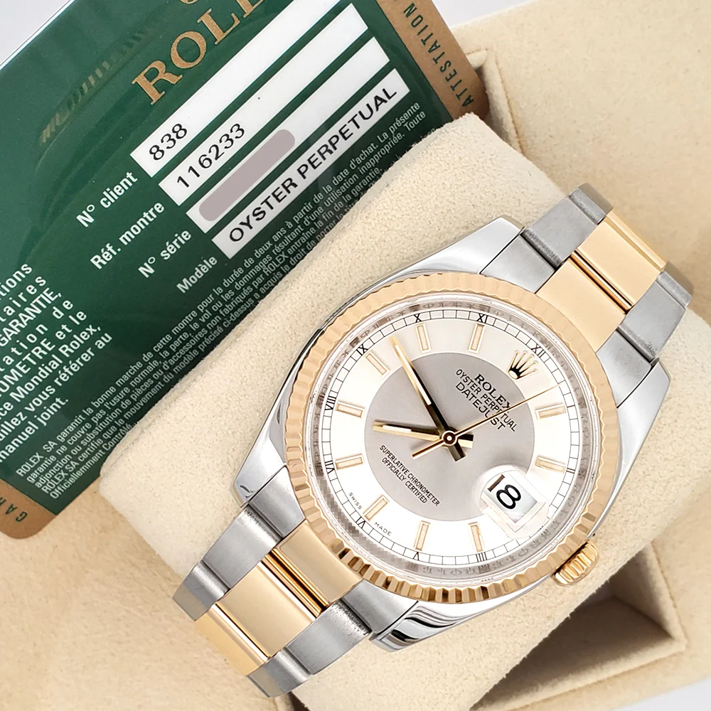 Rolex Datejust 36mm Silver Tuxedo 2-tone Yellow Gold/Steel 116233 Oyster Watch Box Papers - Image 5