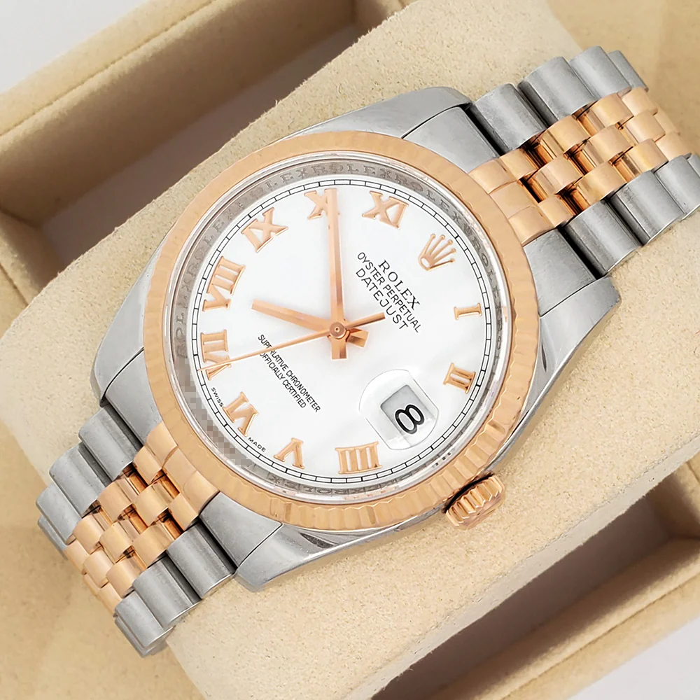 Rolex Datejust 36mm White Roman Dial 2-Tone Rose Gold/Steel Jubilee 116231 Watch