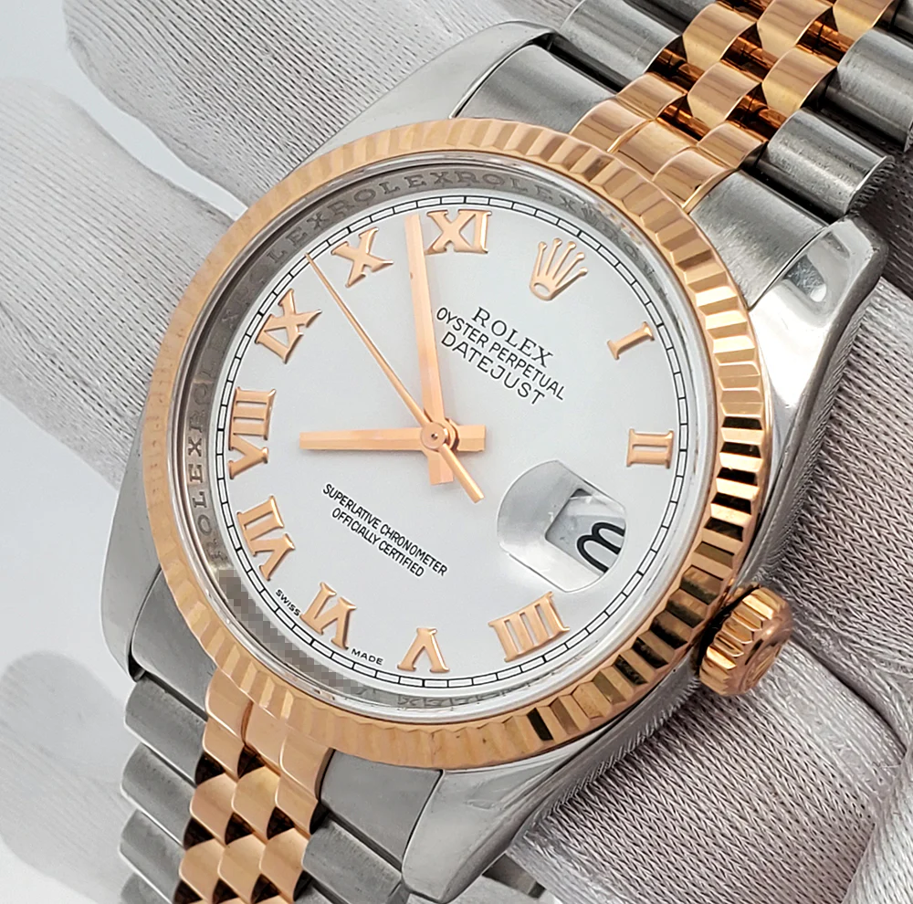 Rolex Datejust 36mm White Roman Dial 2-Tone Rose Gold/Steel Jubilee 116231 Watch - Image 2