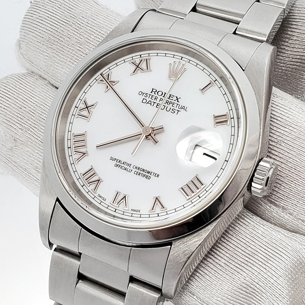 Rolex Datejust 36mm White Roman Dial Stainless Steel Oyster Watch 16200 Box Papers