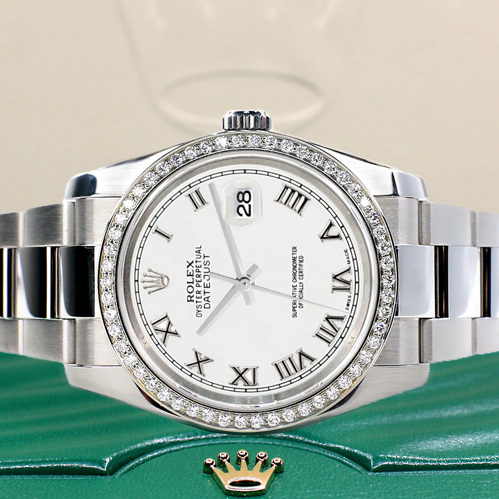 Rolex Datejust 36MM White Roman Dial Steel Oyster Watch with Custom VS1 Diamond Bezel 116200 - Image 8