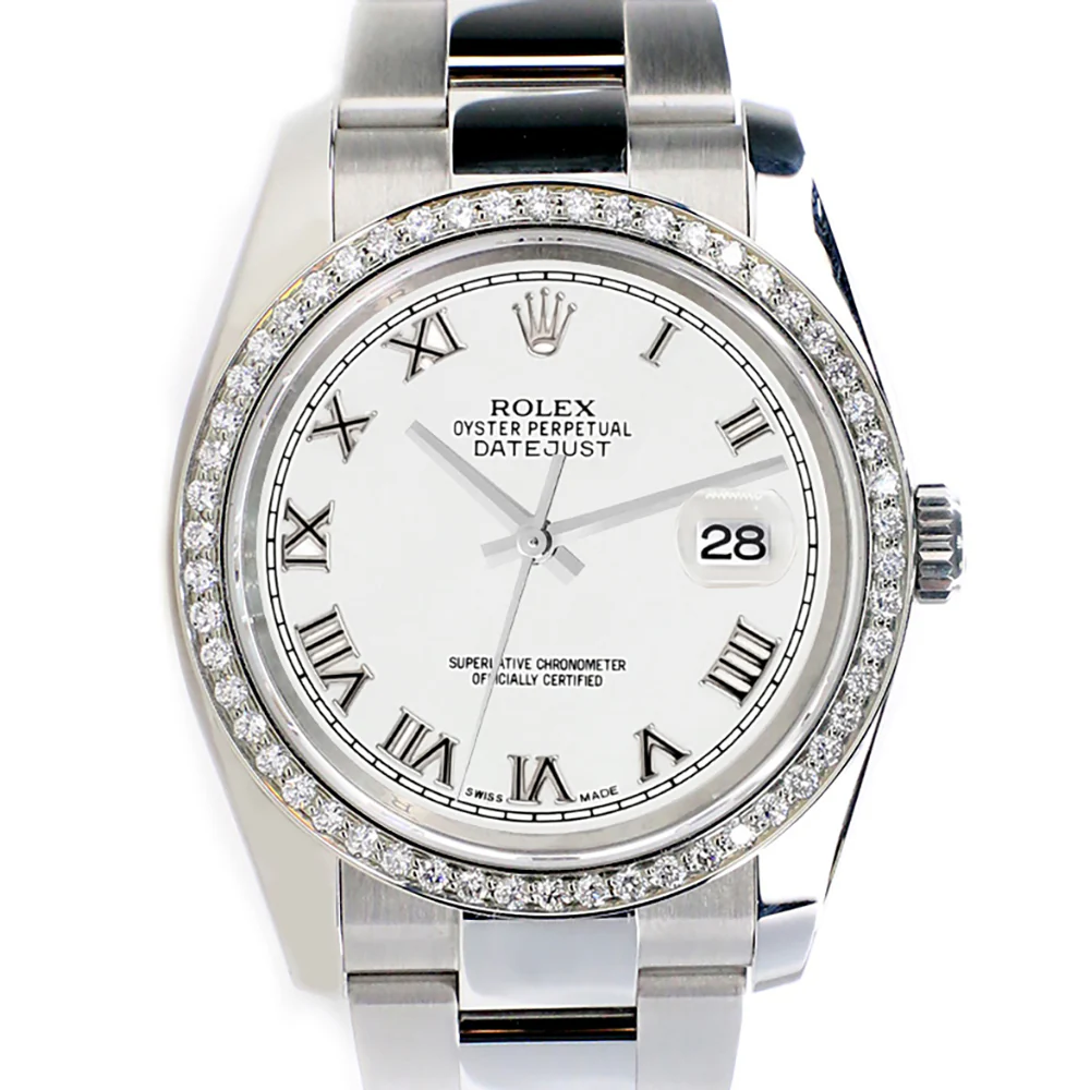 Rolex Datejust 36MM White Roman Dial Steel Oyster Watch with Custom VS1 Diamond Bezel 116200 - Image 9