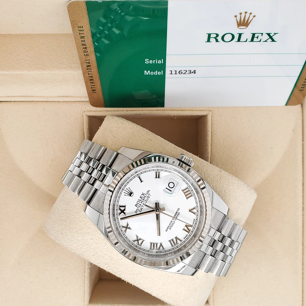 Rolex Datejust 36mm White Roman Dial White Gold Fluted Bezel Steel Jubilee Watch 116234 Box Papers - Image 3