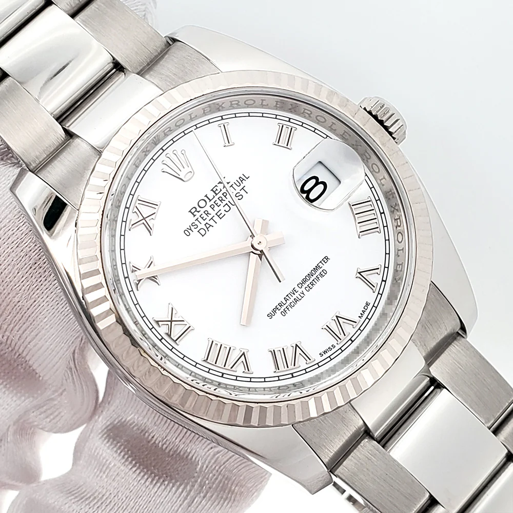 Rolex Datejust 36mm White Roman Dial White Gold Fluted Bezel Steel Oyster Watch 116234 Box Papers - Image 2