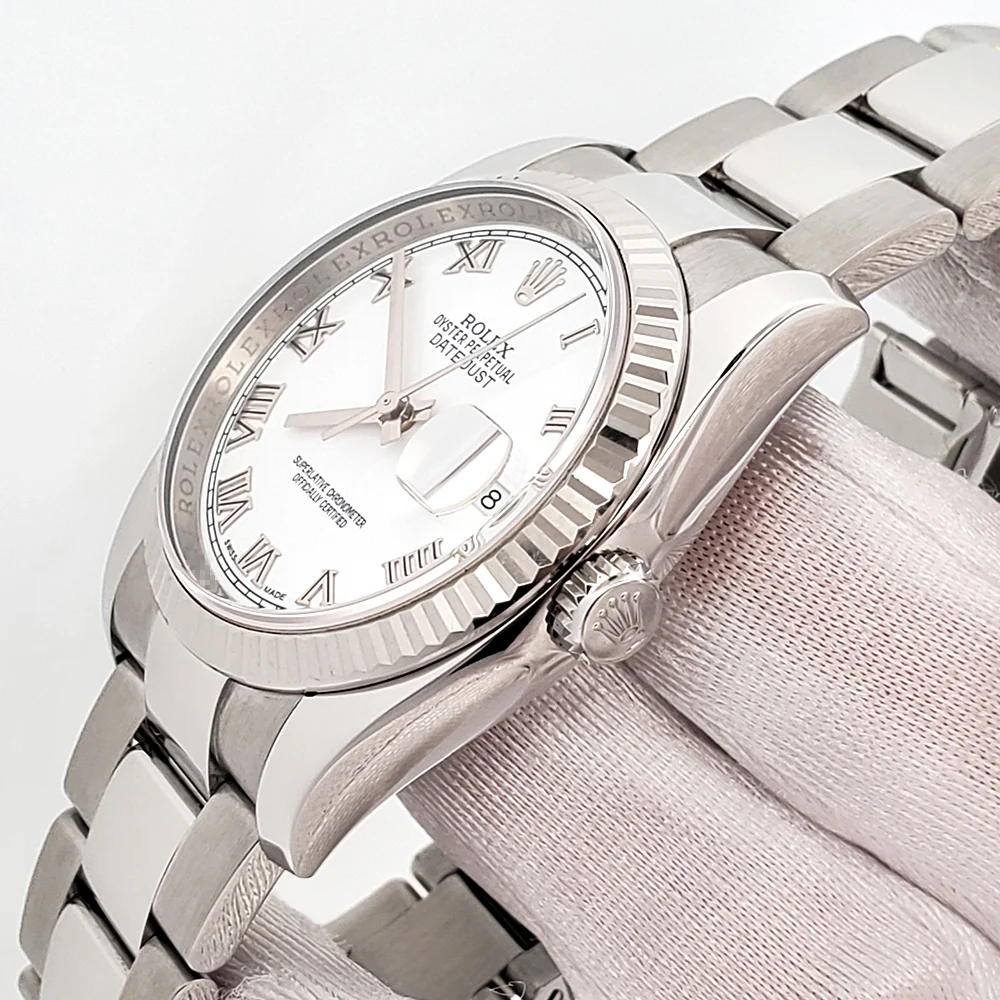 Rolex Datejust 36mm White Roman Dial White Gold Fluted Bezel Steel Oyster Watch 116234 Box Papers - Image 3
