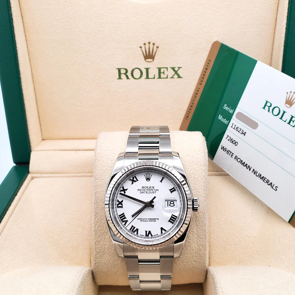 Rolex Datejust 36mm White Roman Dial White Gold Fluted Bezel Steel Oyster Watch 116234 Box Papers - Image 4