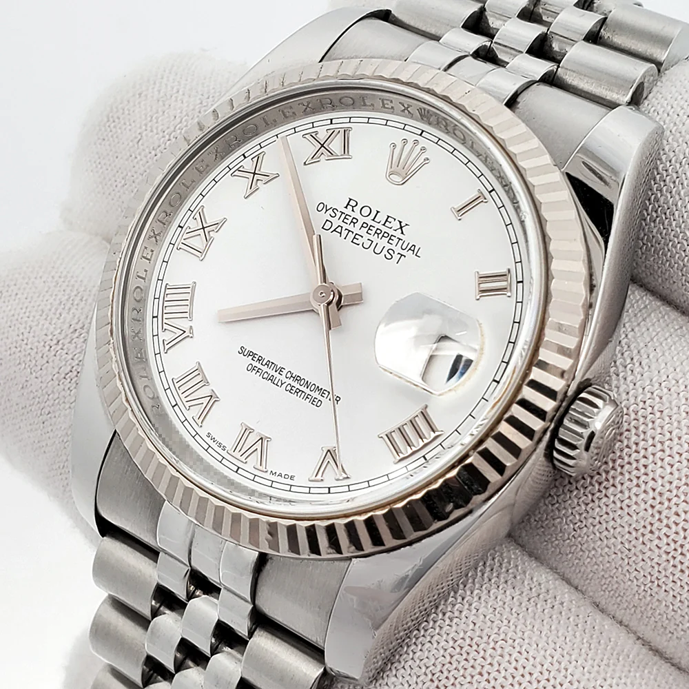 Rolex Datejust 36mm White Roman White Gold Fluted Bezel Steel Jubilee Watch 116234 - Image 2