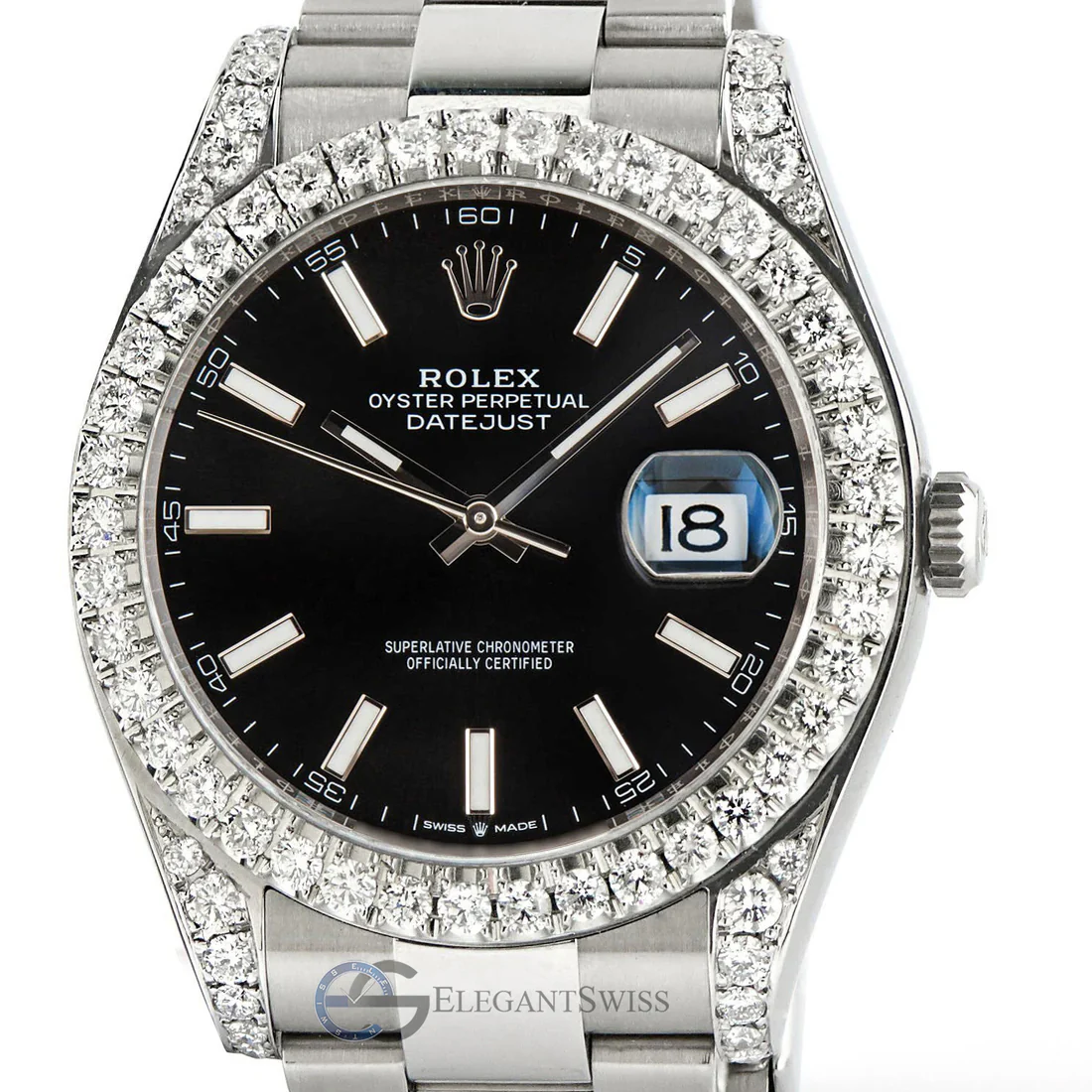 Rolex Datejust 41 126300 4.4CT Diamond Bezel/Lugs/Black Index Dial Steel Oyster Watch Box Papers