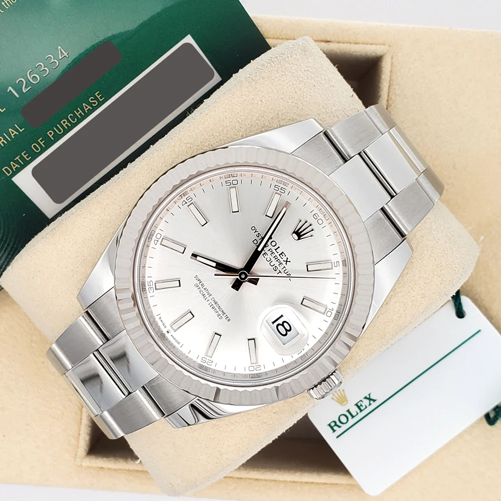 Rolex Datejust 41 Silver Index White Gold Fluted Bezel Oyster Steel Watch 126334 Box/Papers/Tag - Image 4
