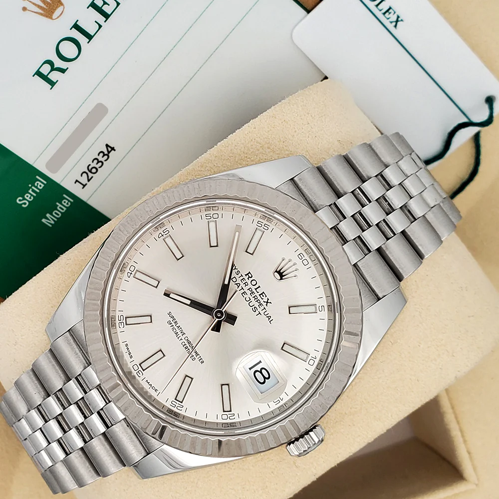 Rolex Datejust 41 126334 Silver Index Dial White Gold Fluted Steel Jubilee Watch Box Papers