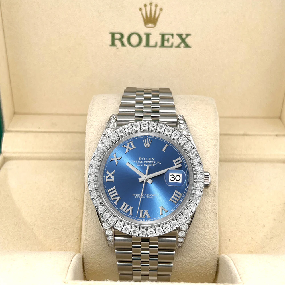 Rolex Datejust 41 4.4CT Diamond Bezel/Lugs/Blue Roman Dial Jubilee Watch 126300 Box Papers - Image 2