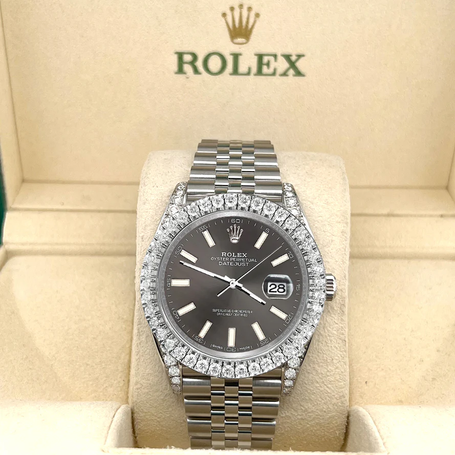 Rolex Datejust 41 4.4CT Diamond Bezel/Lugs/Gray Index Dial 126300 Steel Jubilee Watch Box Papers - Image 2