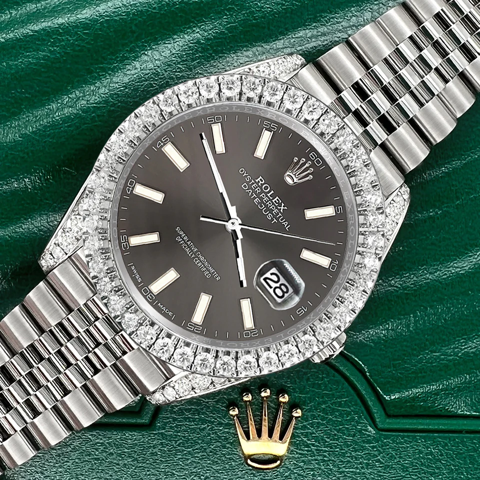 Rolex Datejust 41 4.4CT Diamond Bezel/Lugs/Gray Index Dial 126300 Steel Jubilee Watch Box Papers - Image 3