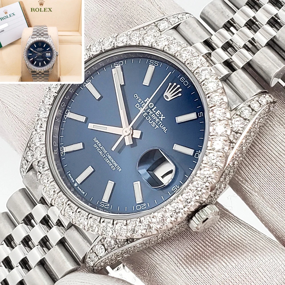 Rolex Datejust 41 5.9CT Diamond Bezel/Lugs/Sides/Blue Index Dial Jubilee Watch 126300 Box Papers