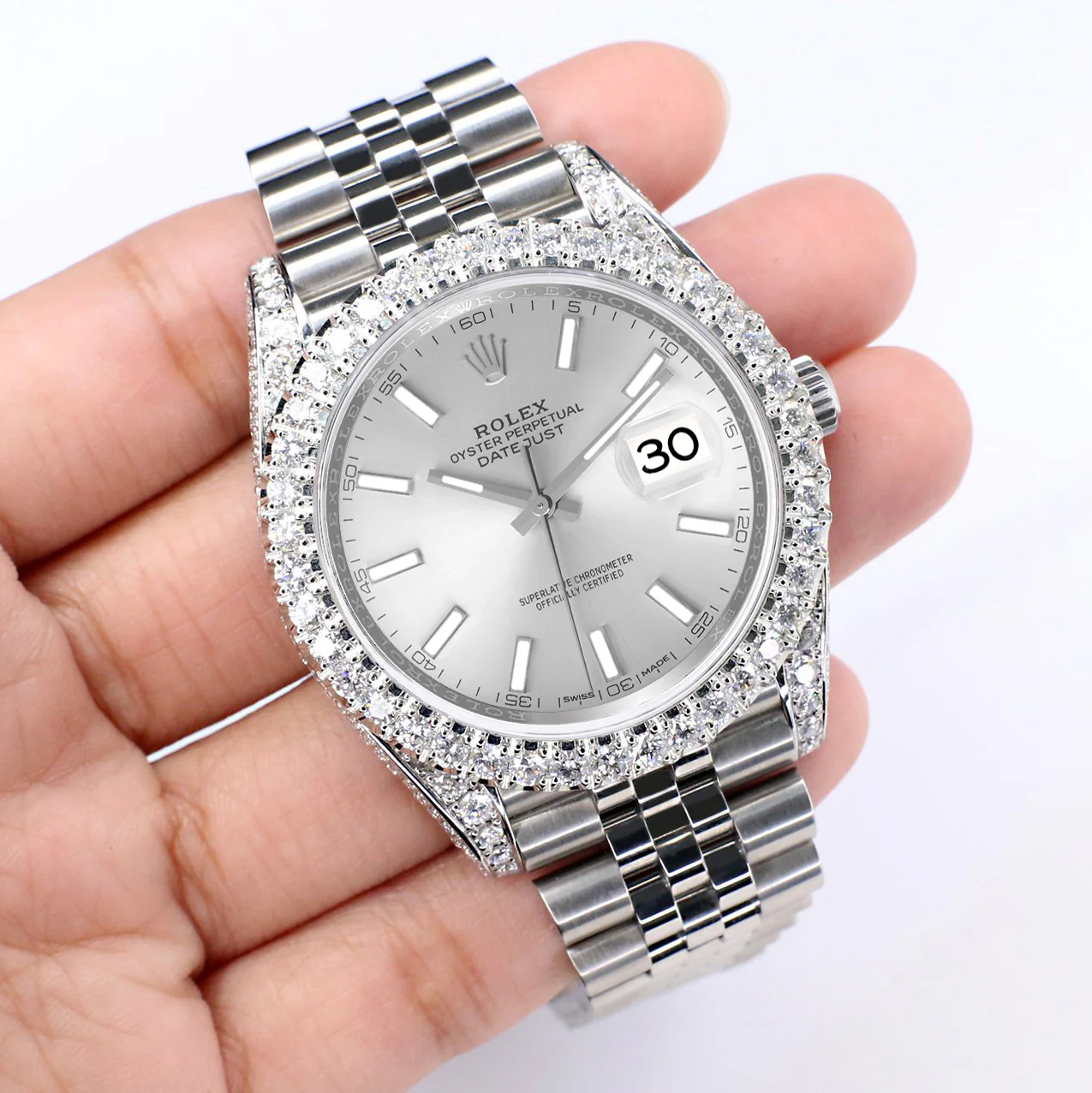 Rolex Datejust 41 5.9CT Diamond Bezel/Lugs/Sides/Silver Index Dial Jubilee Watch 126300 Box Papers - Image 5