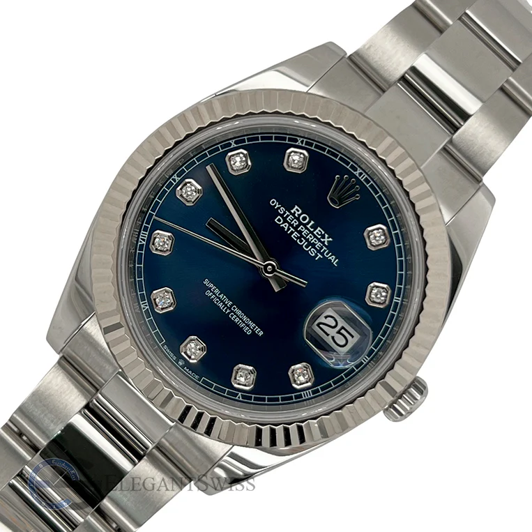 Rolex Datejust 41 Factory Blue Diamond Dial White Gold Fluted Bezel Steel Watch 126334 Box Papers 2020