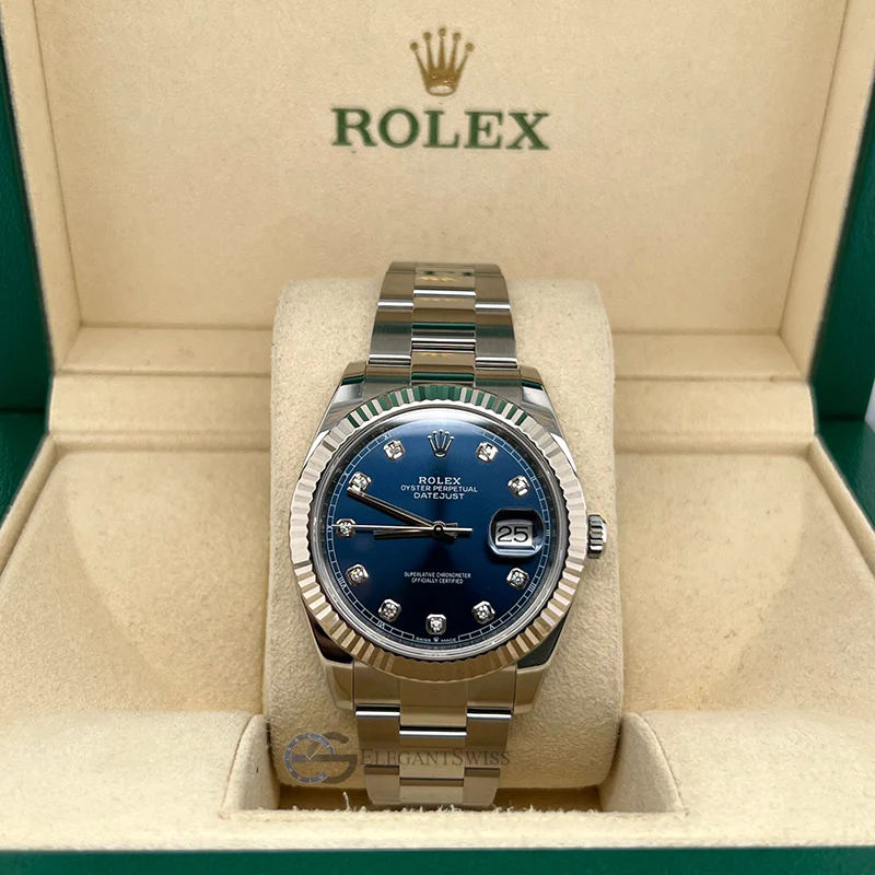 Rolex Datejust 41 Factory Blue Diamond Dial White Gold Fluted Bezel Steel Watch 126334 Box Papers 2020 - Image 2