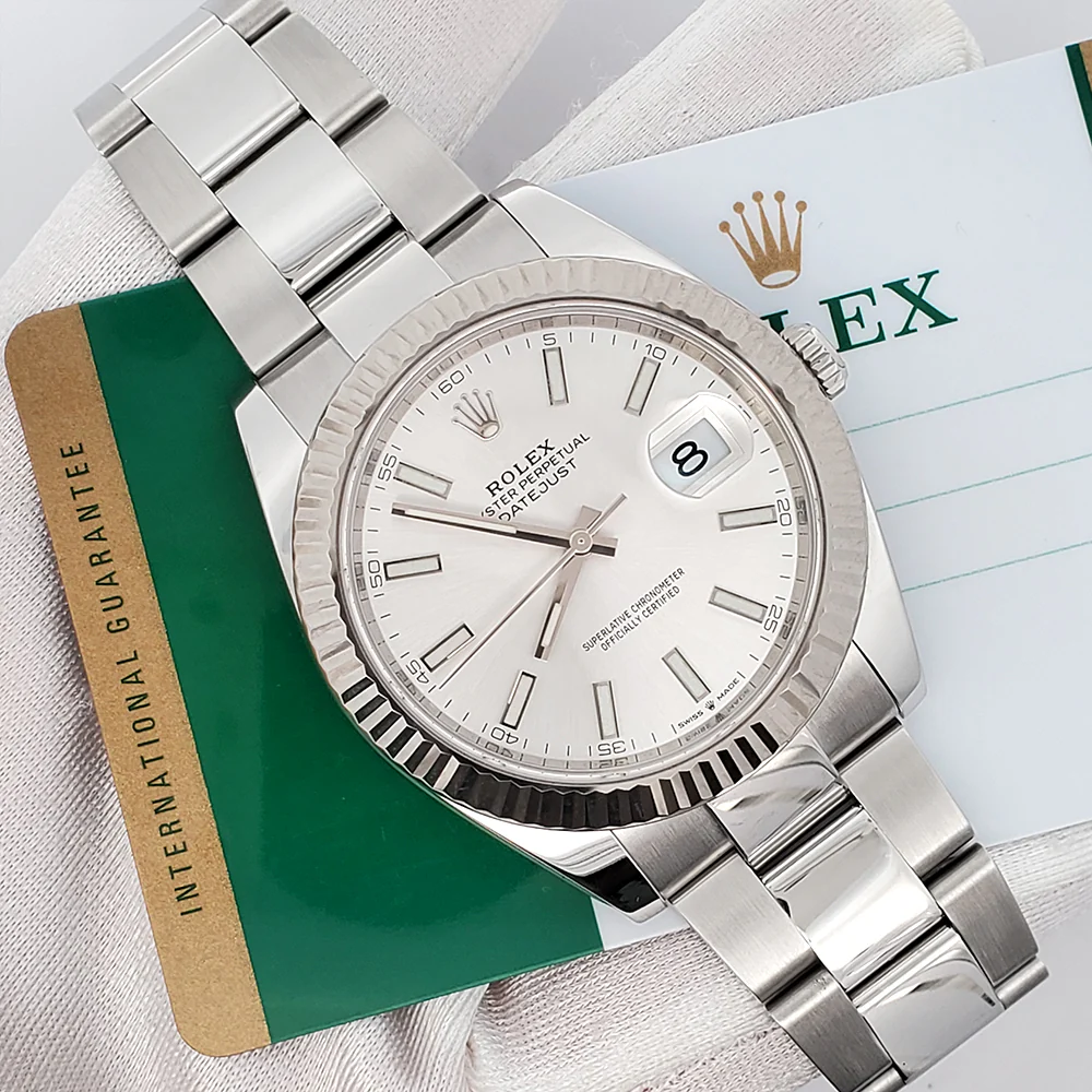 Rolex Datejust 41 Silver Index White Gold Fluted Bezel Watch 126334 Box Papers