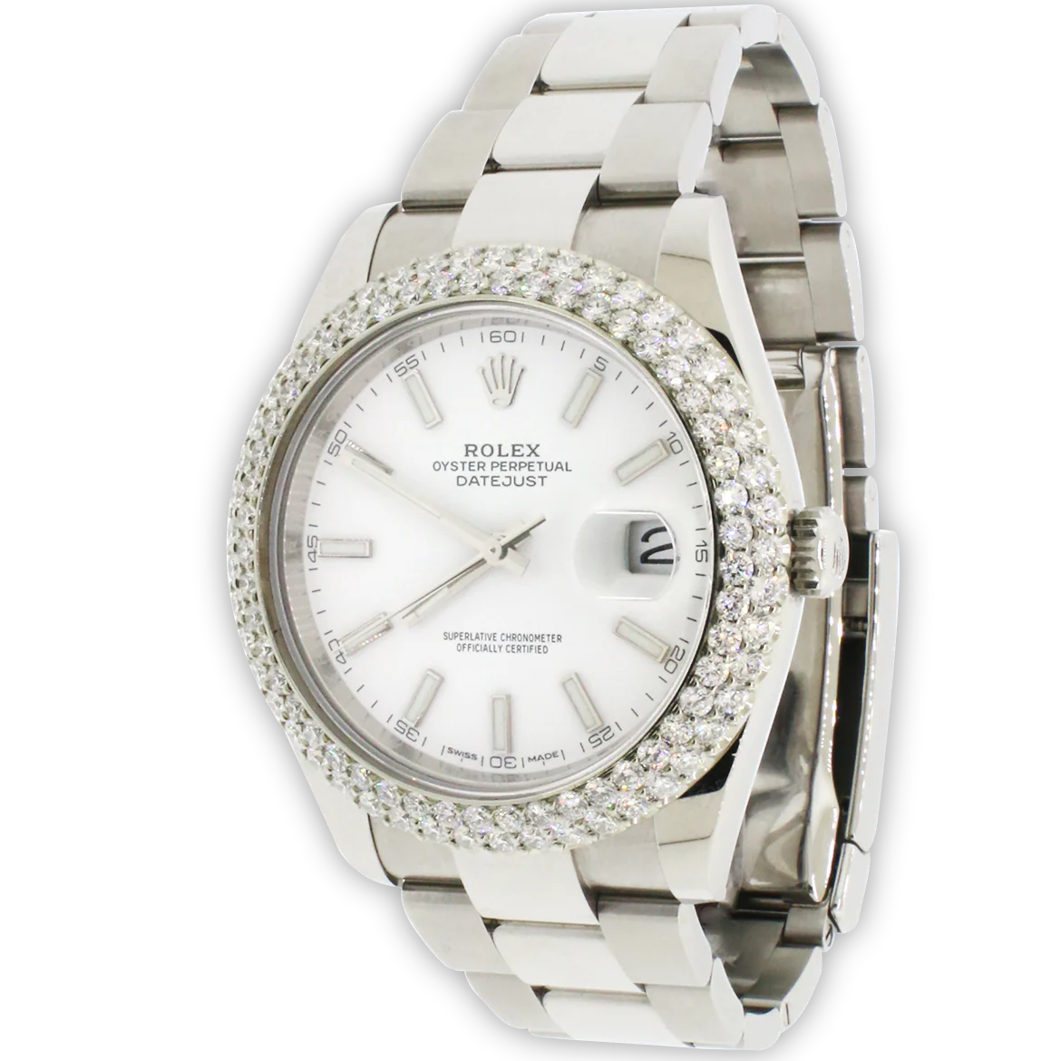 Rolex Datejust 41 White Dial/4.5CT Diamond Bezel 126300 Steel Oyster Watch Box Papers