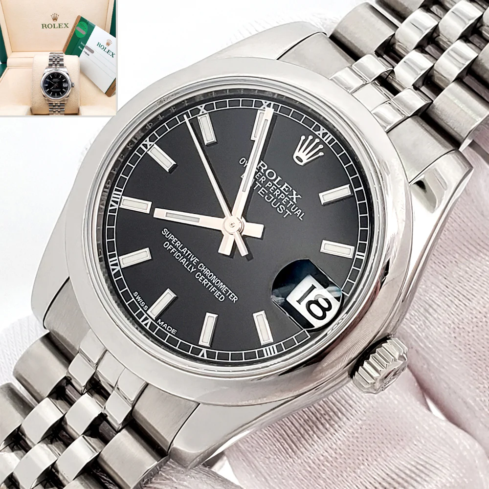 Rolex Datejust Black Index Steel Jubilee 31mm Watch 178240 Box Papers