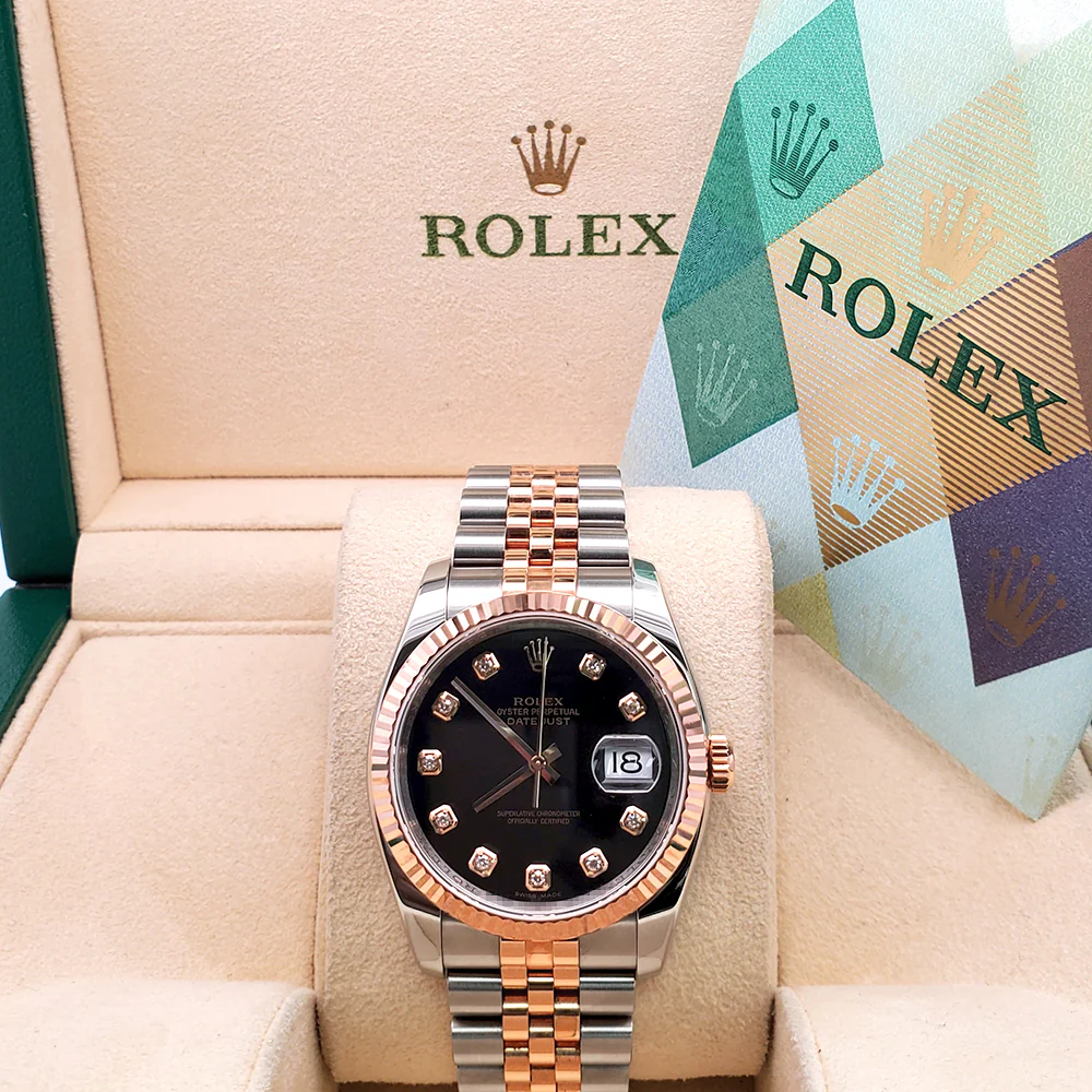 Rolex Datejust Factory Black Diamond Dial 2-Tone Rose Gold/Steel Jubilee 36mm Watch 116231 Box Papers - Image 4