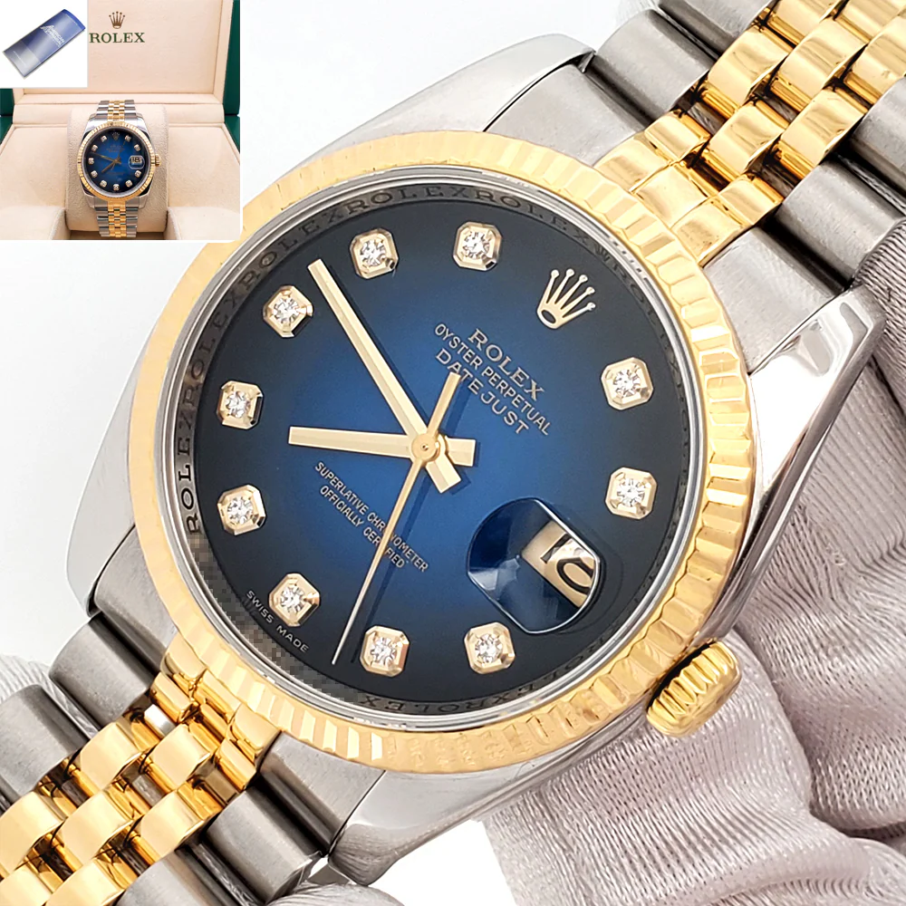 Rolex Datejust Factory Blue Vignette Diamond Dial 2-tone Yellow Gold/Steel Jubilee 36mm Watch 116233 Box/Apr
