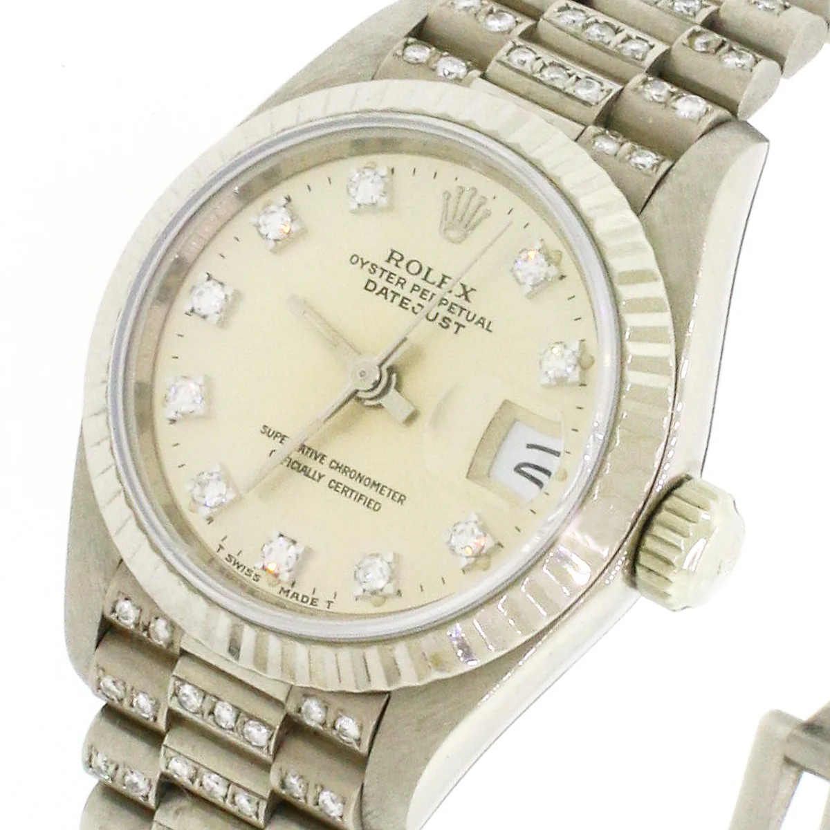 Rolex Datejust Factory Diamond Dial 18K White Gold 26mm President Watch 69179 - Image 3