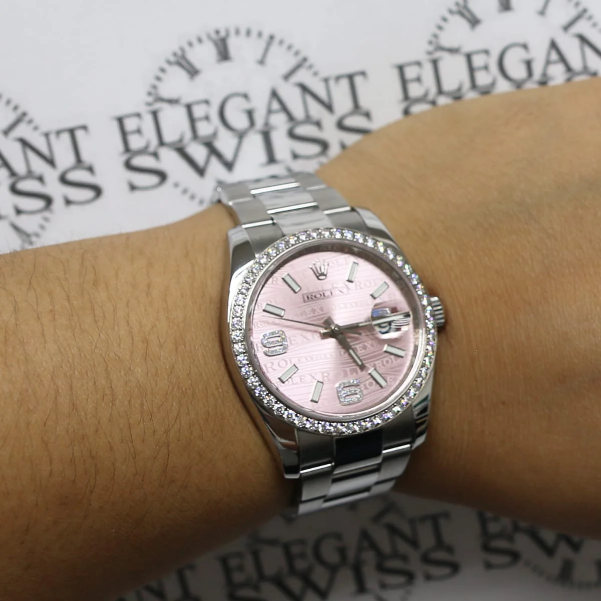 Rolex Datejust Factory Pink Waves Set Diamond Dial & 18k White Gold Diamond Bezel 36MM Automatic Stainless Steel Oyster Watch 116244 w/BoxPapers - Image 5