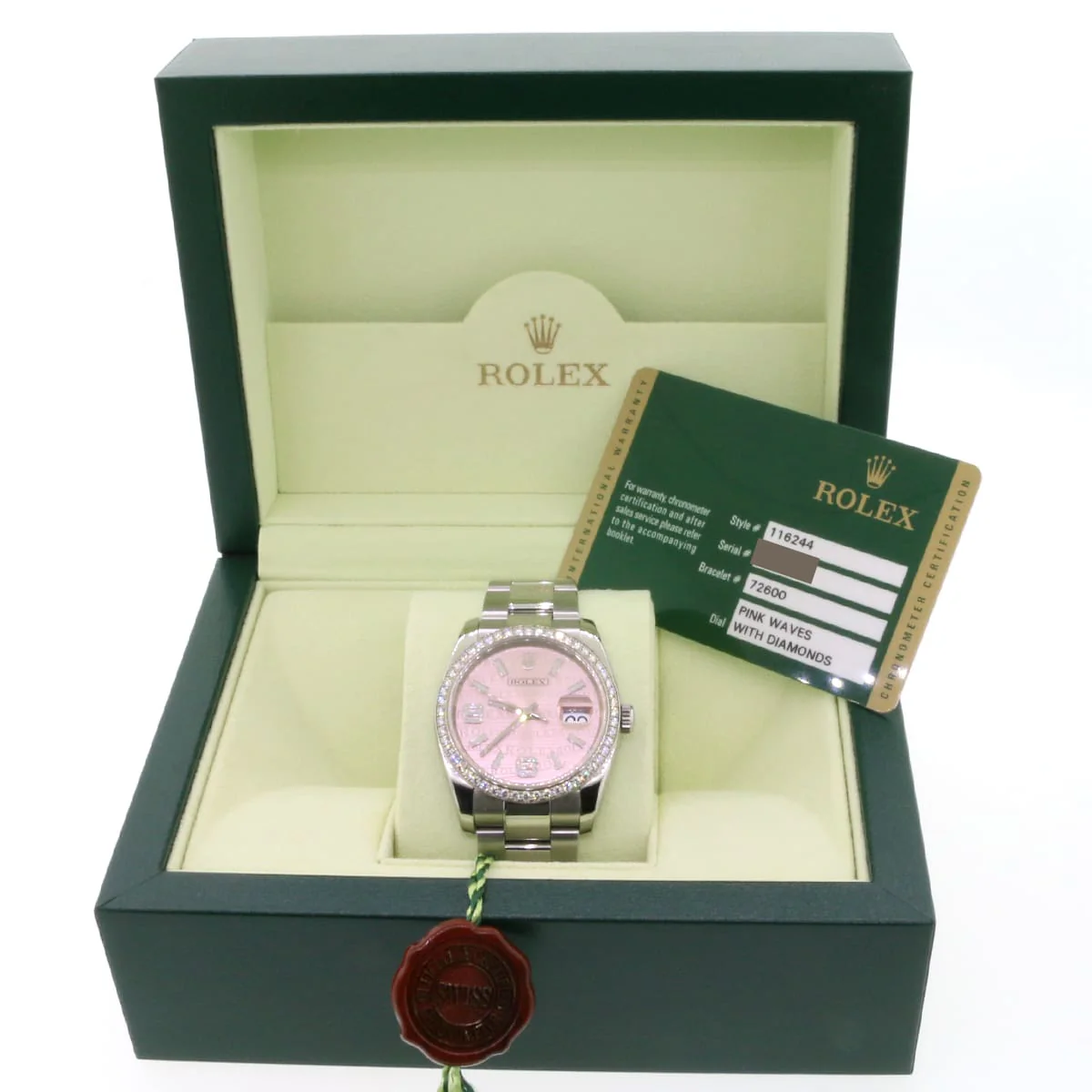 Rolex Datejust Factory Pink Waves Set Diamond Dial & 18k White Gold Diamond Bezel 36MM Automatic Stainless Steel Oyster Watch 116244 w/BoxPapers - Image 6