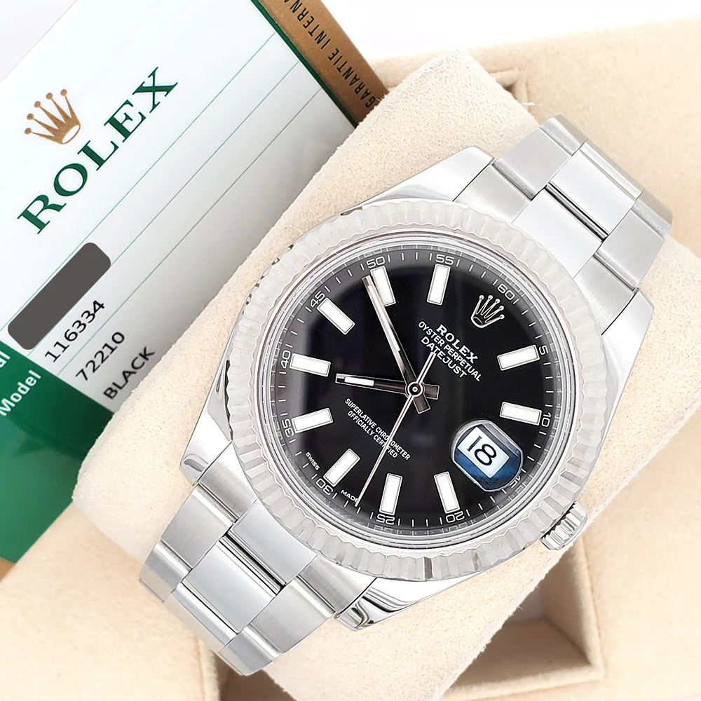 Rolex Datejust II 116334 Black Index Dial White Gold Fluted Bezel Steel 41mm Watch Box Papers - Image 4