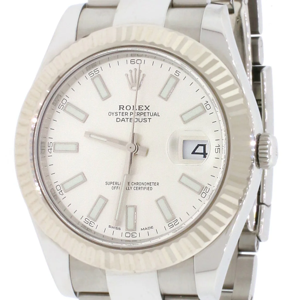 Rolex Datejust II 18K White Gold Fluted Bezel Factory Silver Index Dial 41MM Steel Oyster Mens Watch 116334 - Image 3