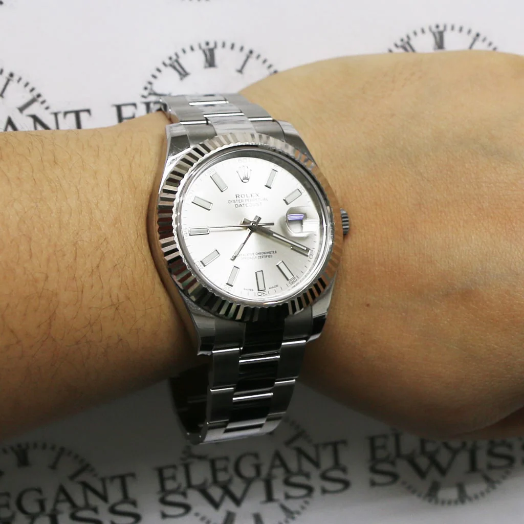 Rolex Datejust II 18K White Gold Fluted Bezel Factory Silver Index Dial 41MM Steel Oyster Mens Watch 116334 - Image 5