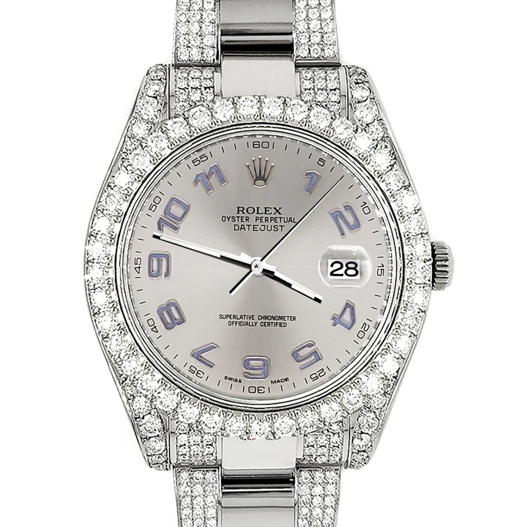 Rolex Datejust II 41mm 10.3CT Diamond Bezel/Case/Bracelet/Silver Arabic Dial Steel Watch 116300 Box Papers - Image 4
