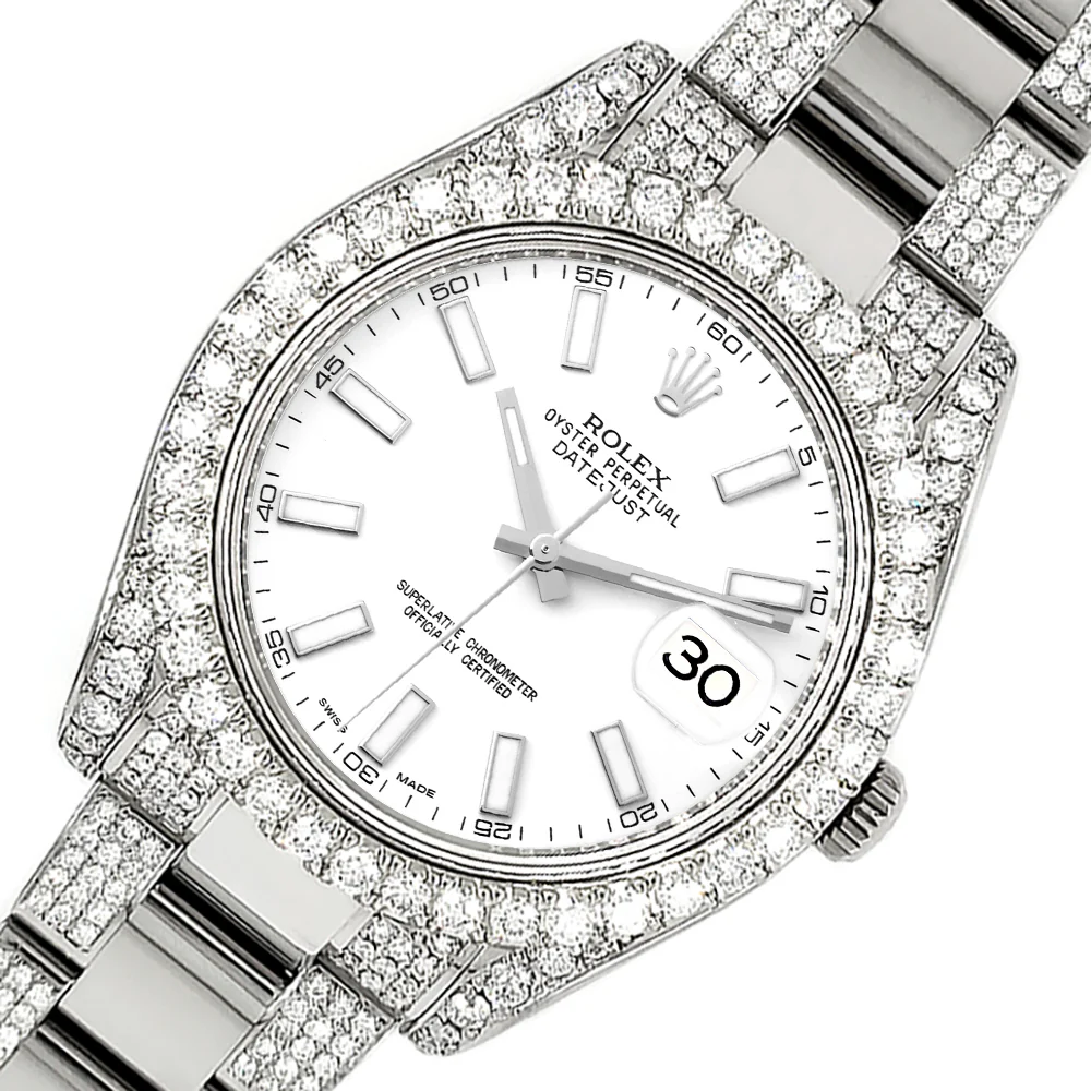 Rolex Datejust II 41mm 10.3CT Diamond Bezel/Case/Bracelet/White index Dial Steel Watch 116300 Box Papers
