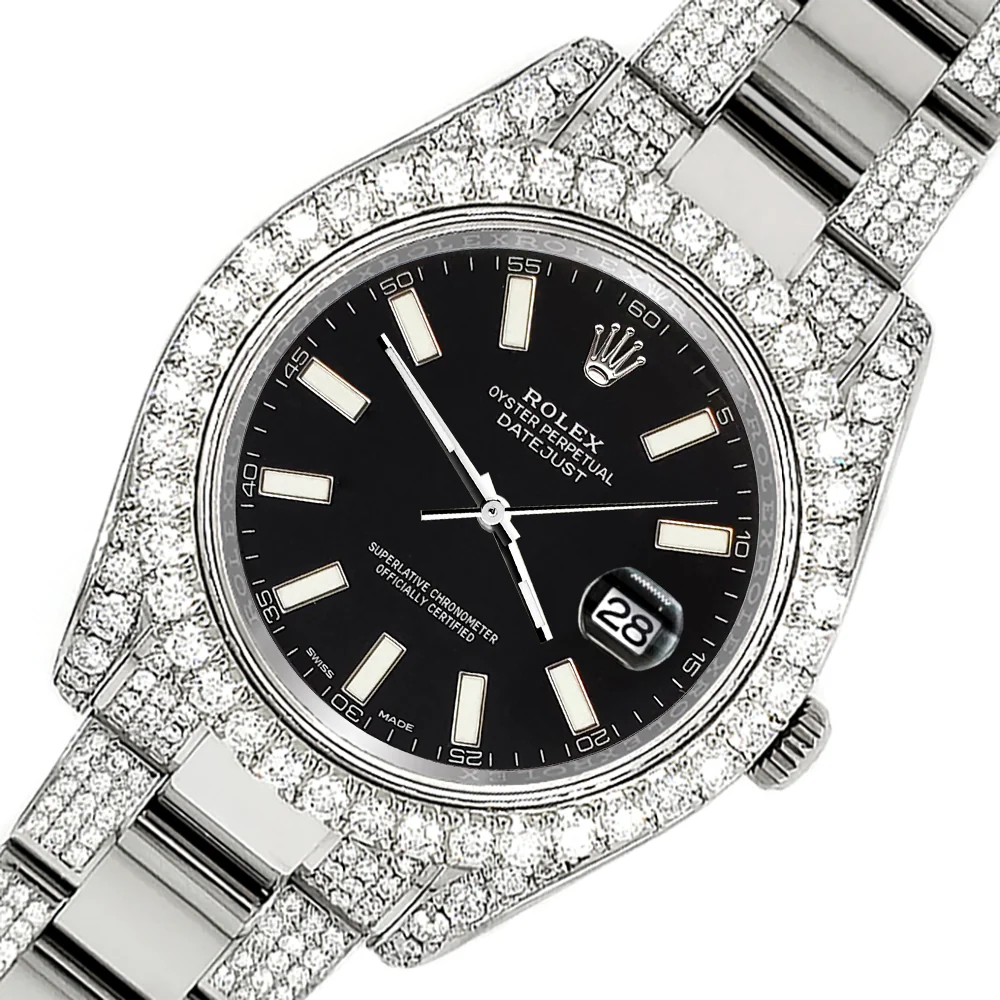Rolex Datejust II 41mm 10.3CT Pave Diamond Bezel/Case/Bracelet/Black Index Dial Steel Watch 116300 Box Papers
