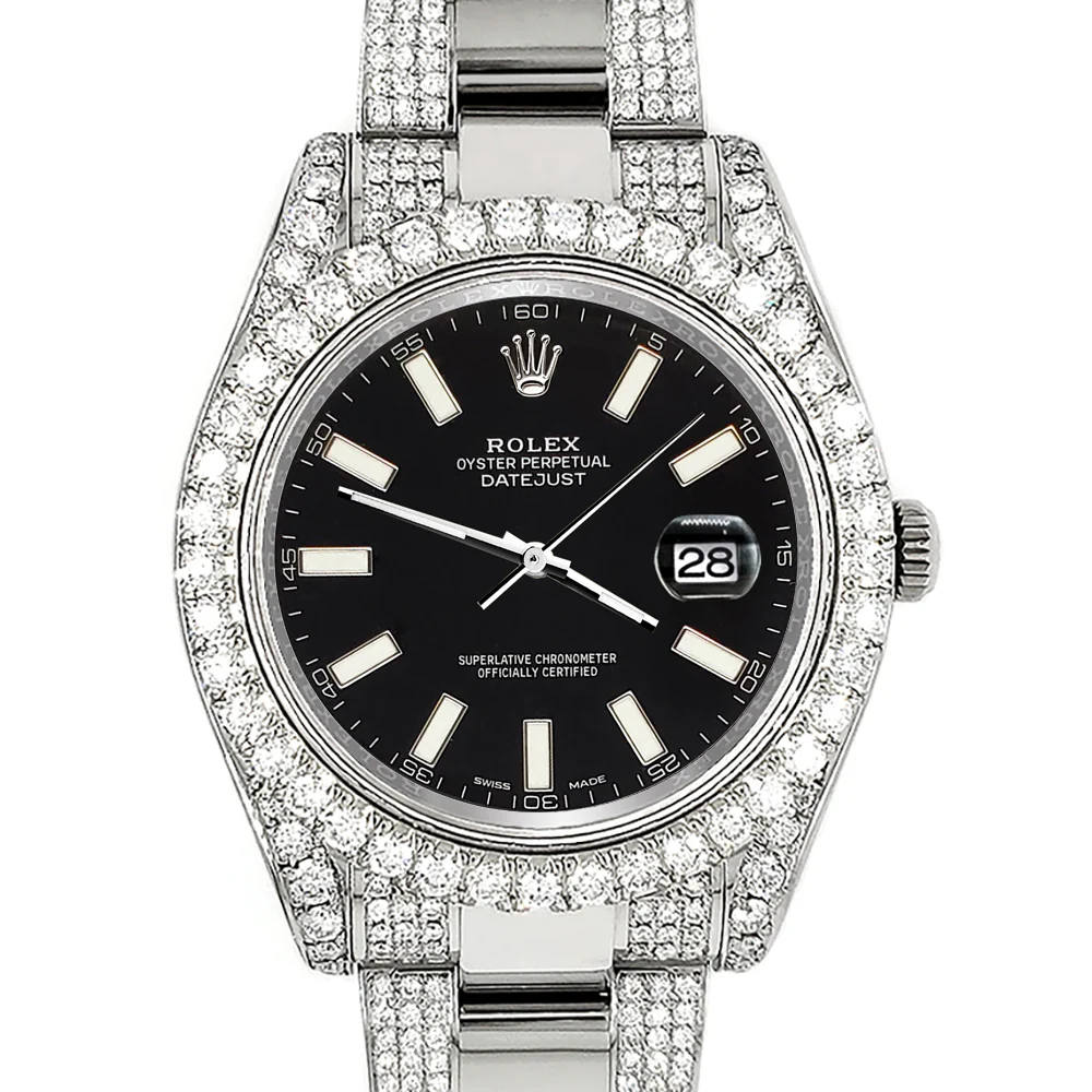 Rolex Datejust II 41mm 10.3CT Pave Diamond Bezel/Case/Bracelet/Black Index Dial Steel Watch 116300 Box Papers - Image 2