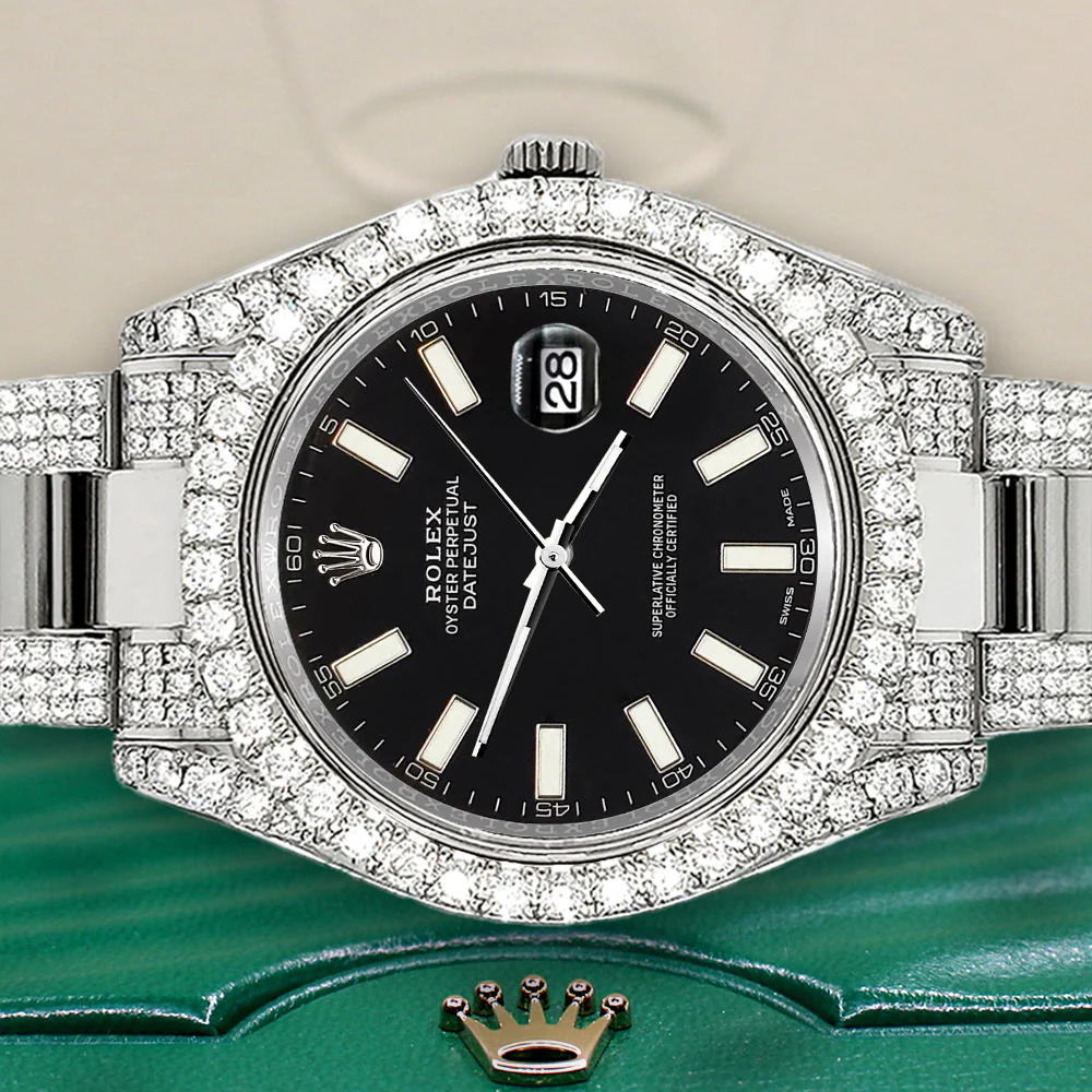 Rolex Datejust II 41mm 10.3CT Pave Diamond Bezel/Case/Bracelet/Black Index Dial Steel Watch 116300 Box Papers - Image 3