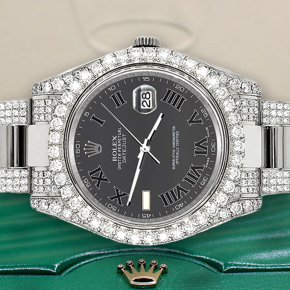 Rolex Datejust II 41mm 10.3CT Pave Diamond Bezel/Case/Bracelet/Gray Roman Dial Steel Watch 116300 Box Papers - Image 3