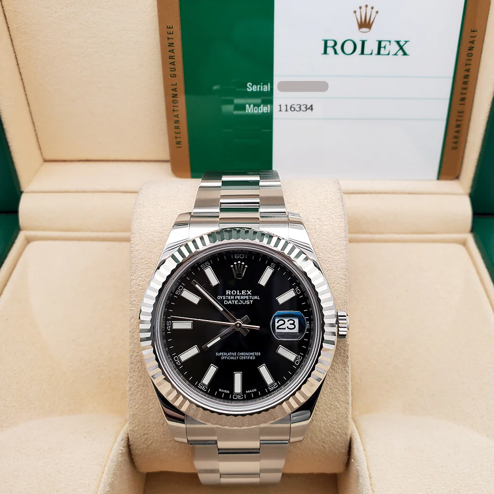 Rolex Datejust II 41mm 116334 Black Index Dial White Gold Fluted Bezel Steel Watch Box Papers - Image 2
