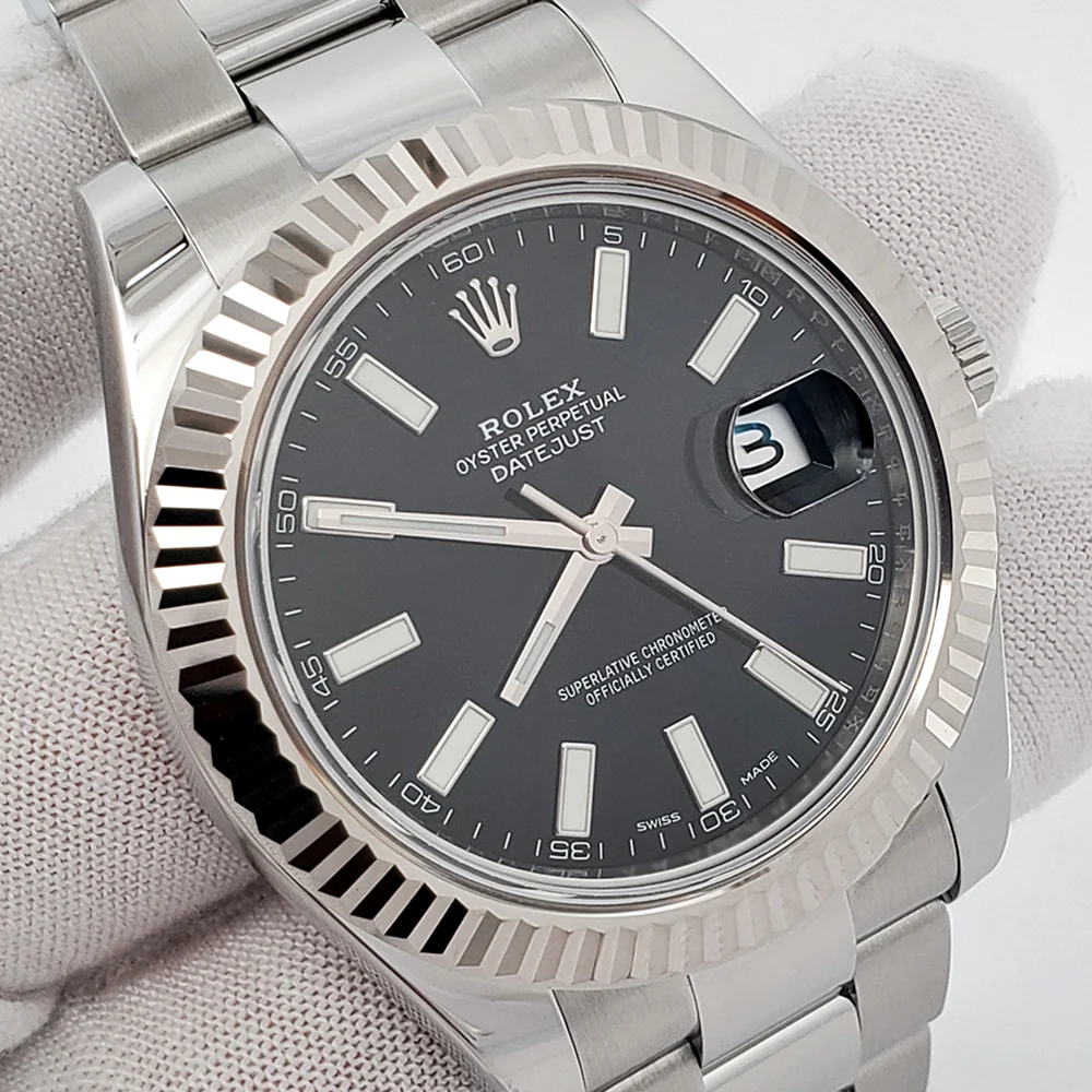 Rolex Datejust II 41mm 116334 Black Index Dial White Gold Fluted Bezel Steel Watch Box Papers - Image 3