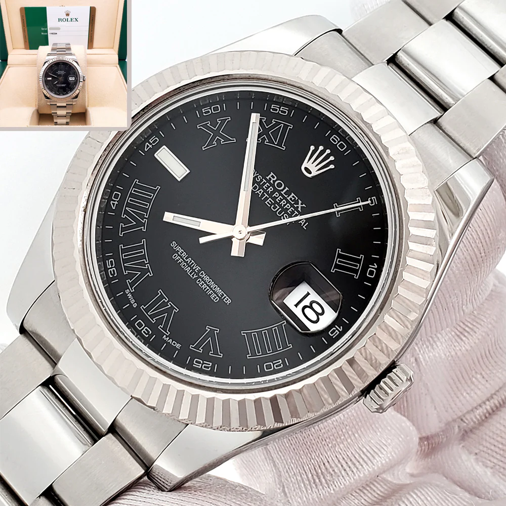 Rolex Datejust II 41mm 116334 Black Roman Dial White Gold Fluted Bezel Steel Watch Box Papers