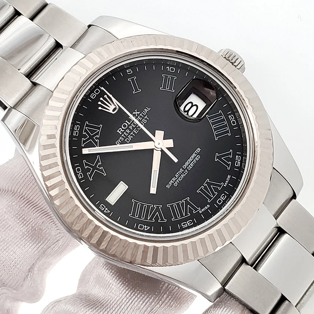 Rolex Datejust II 41mm 116334 Black Roman Dial White Gold Fluted Bezel Steel Watch Box Papers - Image 2