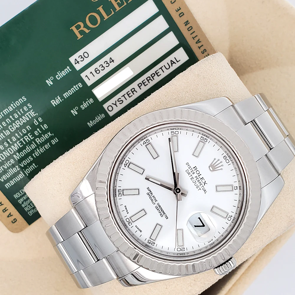 Rolex Datejust II 41mm 116334 White Index White Gold Fluted Bezel Steel Watch Box Papers - Image 4