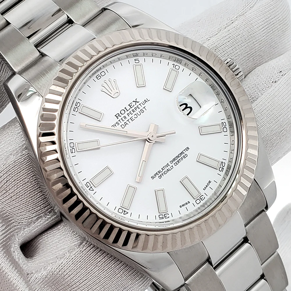 Rolex Datejust II 41mm 116334 White Index White Gold Fluted Bezel Steel Watch Box Papers - Image 3