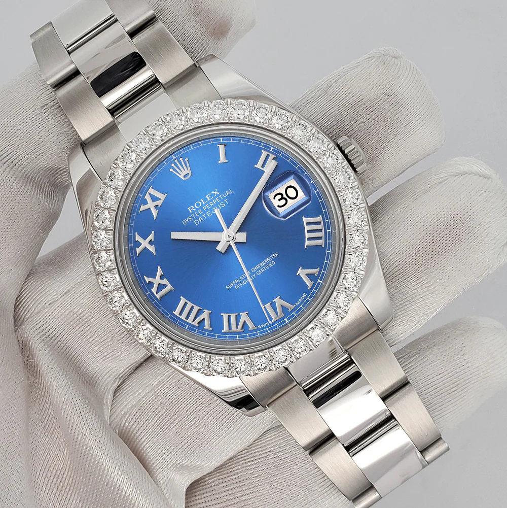 Rolex Datejust II 41mm 3.8ct Diamond Bezel/Blue Roman Dial Steel Watch 116300 Box Papers - Image 2