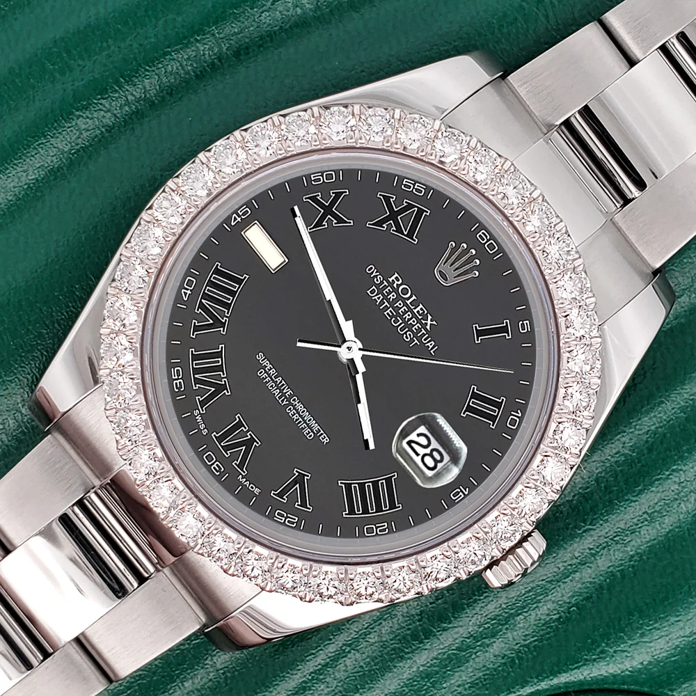 Rolex Datejust II 41mm 3.8ct Diamond Bezel/Rhodium Gray Roman Dial Steel Watch 116300 Box Papers - Image 3
