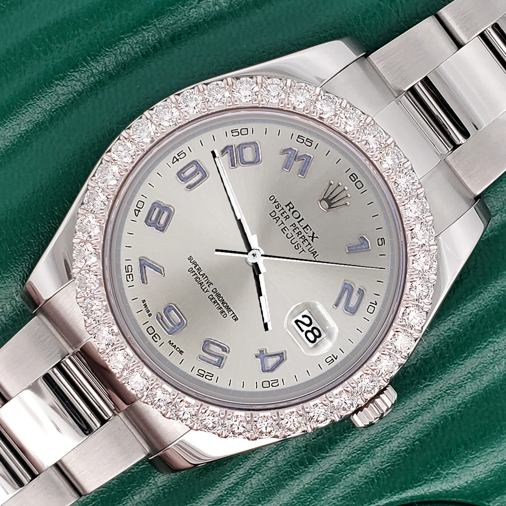 Rolex Datejust II 41mm 3.8ct Diamond Bezel/Silver Arabic Dial Steel Watch 116300 Box Papers - Image 2